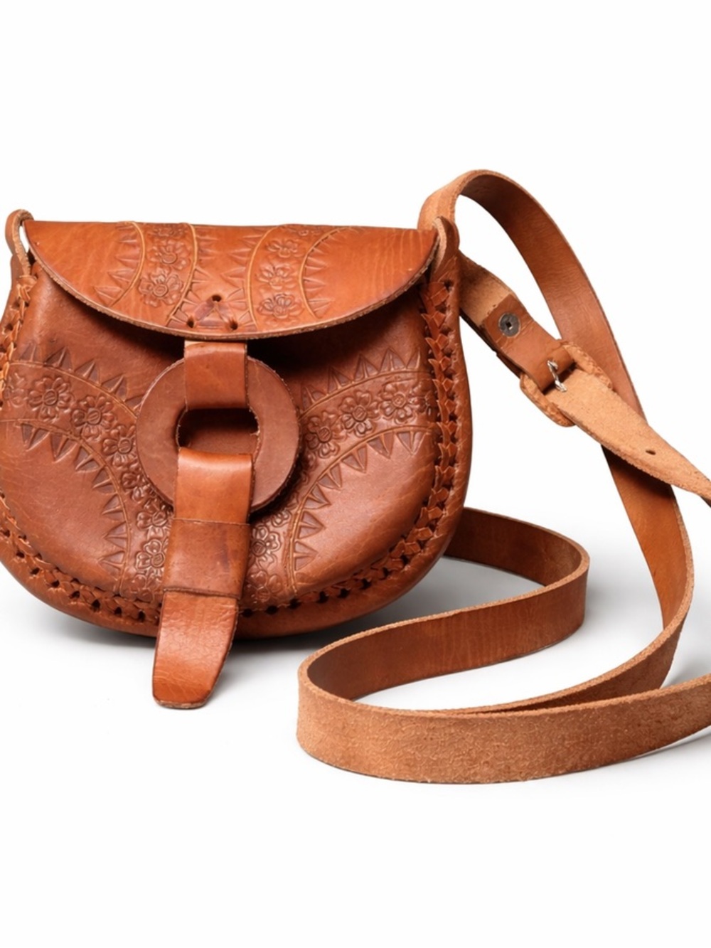 Hand-Tooled Brown Leather Crossbody Bag - Picture 2 of 7